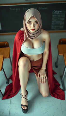 A seductive 40-year-old Japanese classroom teacher wearing a hijab, characterized by her white skin, large breasts, and curvaceous large ass