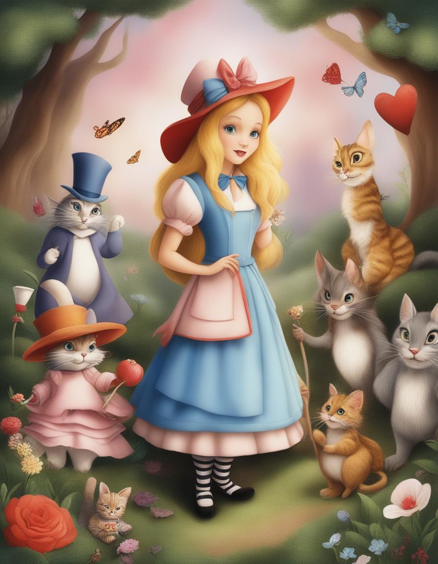 This is a digital art image depicting the classic tale of Alice in Wonderland