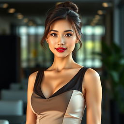 A sexy and beautiful 30-year-old American/Asian secretary in a sexy office outfit, featuring a fitted skirt and a sleeveless top