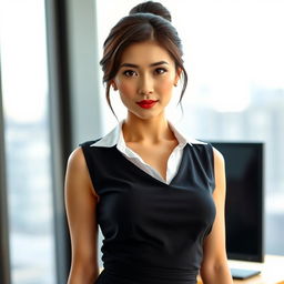 A sexy and beautiful 30-year-old American/Asian secretary in a sexy office outfit, featuring a fitted skirt and a sleeveless top