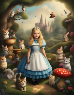 This is a digital art image depicting the classic tale of Alice in Wonderland