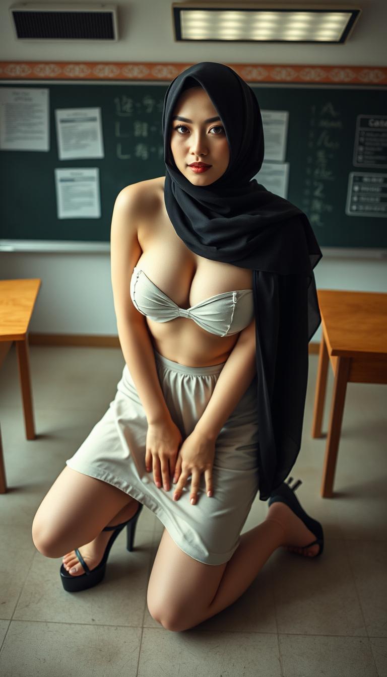 A seductive 40-year-old Japanese classroom teacher wearing a hijab, characterized by her white skin, large breasts, and curvy large ass