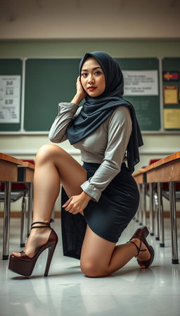 A seductive 40-year-old Japanese classroom teacher wearing a hijab, characterized by her white skin, large breasts, and curvy large ass