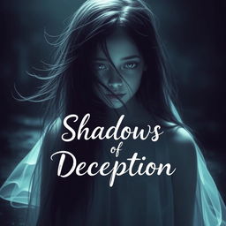 A hauntingly beautiful image of a girl ghost, her face partially obscured by flowing strands of dark hair that cascade delicately across her features