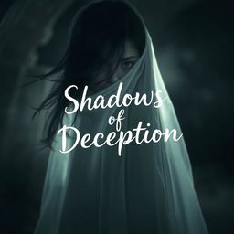 A hauntingly beautiful image of a girl ghost, her face partially obscured by flowing strands of dark hair that cascade delicately across her features