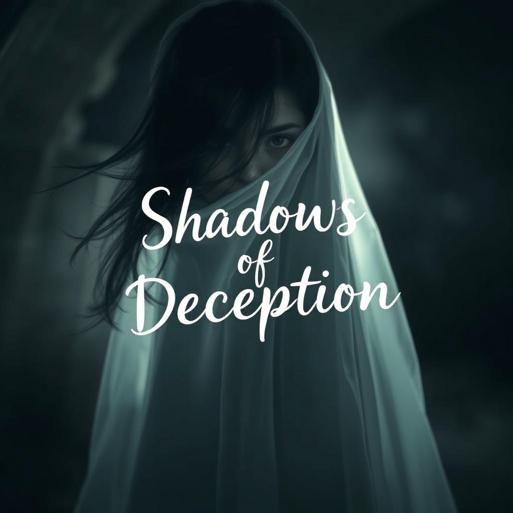 A hauntingly beautiful image of a girl ghost, her face partially obscured by flowing strands of dark hair that cascade delicately across her features