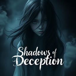 A hauntingly beautiful image of a girl ghost, her face partially obscured by flowing strands of dark hair that cascade delicately across her features