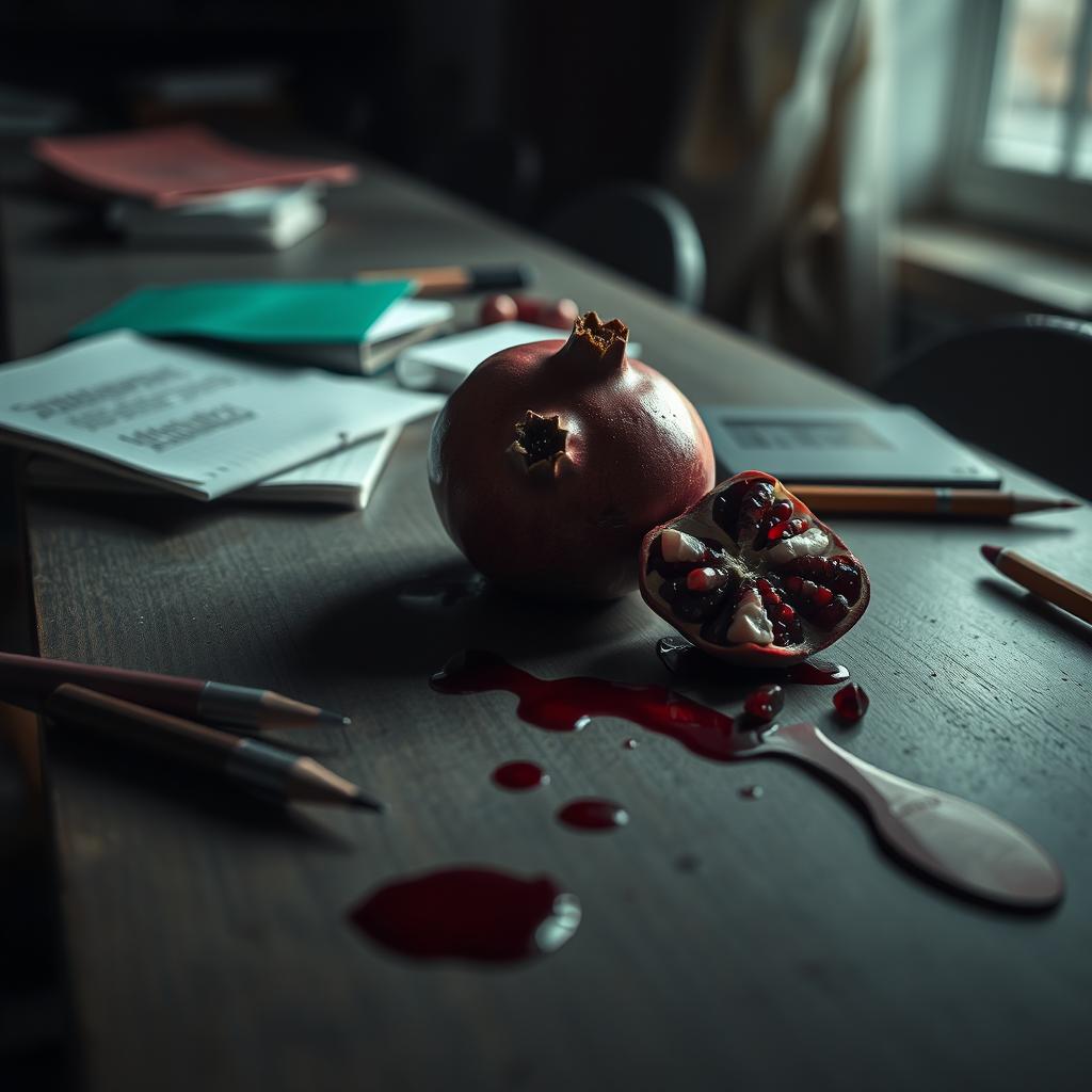 Aesthetic image showcasing a pomegranate and blood spilled on a school desk