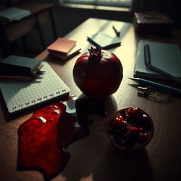 Aesthetic image showcasing a pomegranate and blood spilled on a school desk