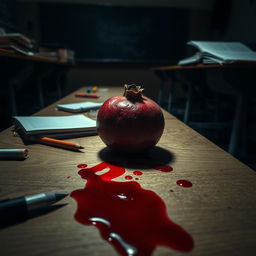 Aesthetic image showcasing a pomegranate and blood spilled on a school desk