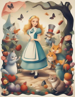 This is a digital art image depicting the classic tale of Alice in Wonderland