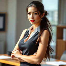 A sexy and beautiful 30-year-old American/Asian secretary in a stylish office outfit, featuring a fitted skirt and a sleeveless top