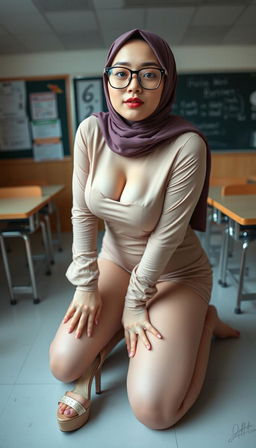 A seductive 40-year-old Japanese classroom teacher wearing a hijab and glasses, characterized by her white skin, large breasts, and curvy large ass