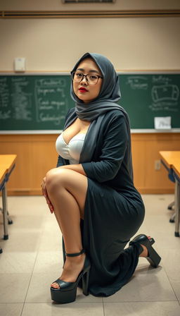 A seductive 40-year-old Japanese classroom teacher wearing a hijab and glasses, characterized by her white skin, large breasts, and curvy large ass