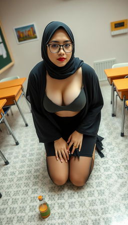 A seductive 40-year-old Japanese classroom teacher wearing a hijab and glasses, characterized by her white skin, large breasts, and curvy large ass