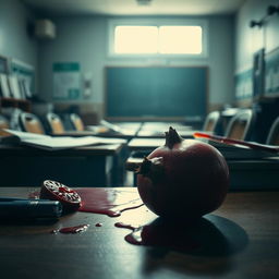 Aesthetic image in a 16:4 aspect ratio showcasing a pomegranate and blood spilled on a school desk