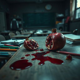 Aesthetic image in a 16:4 aspect ratio showcasing a pomegranate and blood spilled on a school desk