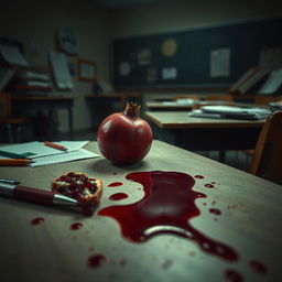 Aesthetic image in a 16:4 aspect ratio showcasing a pomegranate and blood spilled on a school desk