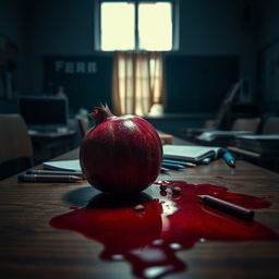 Aesthetic image in a 16:4 aspect ratio showcasing a pomegranate and blood spilled on a school desk