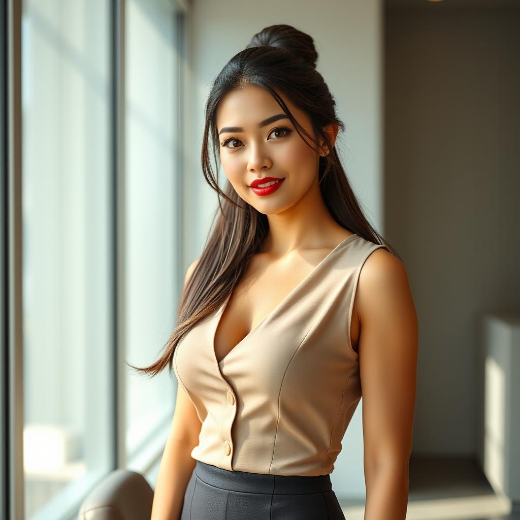 A sexy and beautiful 30-year-old American/Asian secretary wearing a stylish office outfit that includes a fitted skirt and a sleeveless top