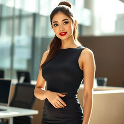 A sexy and beautiful 30-year-old American/Asian secretary wearing a stylish office outfit that includes a fitted skirt and a sleeveless top