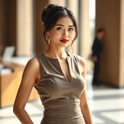A sexy and beautiful 30-year-old American/Asian secretary wearing a stylish office outfit that includes a fitted skirt and a sleeveless top