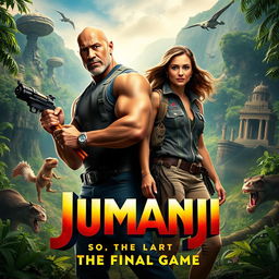 An exciting movie poster for 'JUMANJI 4: The Final Game' (2026), featuring Dwayne Johnson and Karen Gillan