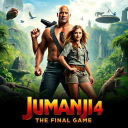 An exciting movie poster for 'JUMANJI 4: The Final Game' (2026), featuring Dwayne Johnson and Karen Gillan