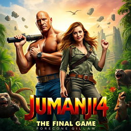 An exciting movie poster for 'JUMANJI 4: The Final Game' (2026), featuring Dwayne Johnson and Karen Gillan