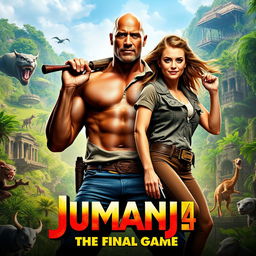 An exciting movie poster for 'JUMANJI 4: The Final Game' (2026), featuring Dwayne Johnson and Karen Gillan