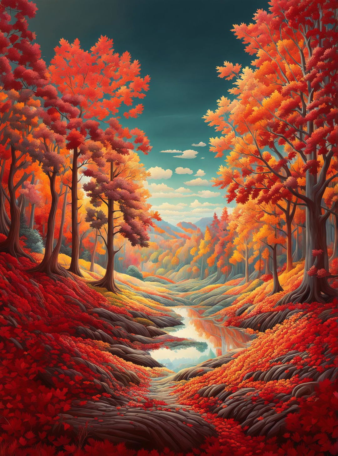 A high-quality digital art image of an autumn forest