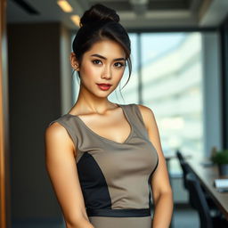 A sexy and beautiful 30-year-old American/Asian secretary dressed in a stylish office outfit that includes a fitted skirt and a sleeveless top