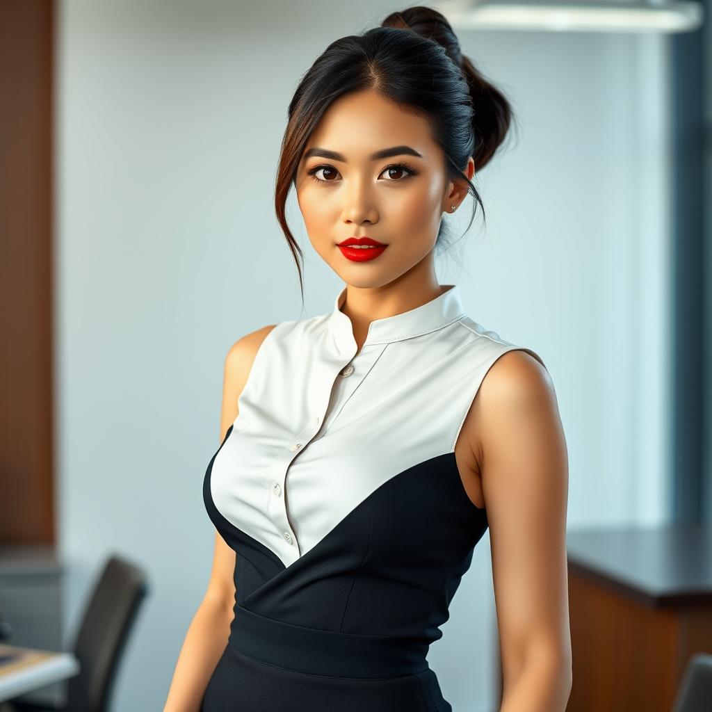 A sexy and beautiful 30-year-old American/Asian secretary dressed in a stylish office outfit that includes a fitted skirt and a sleeveless top