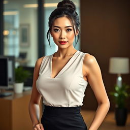 A sexy and beautiful 30-year-old American/Asian secretary dressed in a stylish office outfit that includes a fitted skirt and a sleeveless top