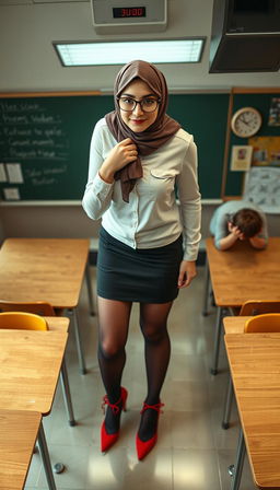 An innocent-looking 40-year-old Russian classroom teacher wearing glasses and a hijab, characterized by her white skin, large breasts, and curvy large ass