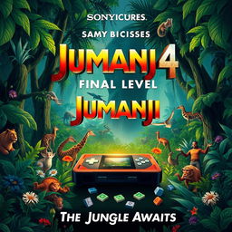 A captivating announcement poster for 'Jumanji 4: FINAL LEVEL' (2025) by Sony Pictures, featuring an adventurous tone