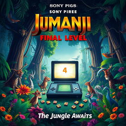 A captivating announcement poster for 'Jumanji 4: FINAL LEVEL' (2025) by Sony Pictures, featuring an adventurous tone