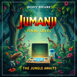 A captivating announcement poster for 'Jumanji 4: FINAL LEVEL' (2025) by Sony Pictures, featuring an adventurous tone