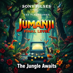 A captivating announcement poster for 'Jumanji 4: FINAL LEVEL' (2025) by Sony Pictures, featuring an adventurous tone