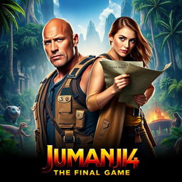A thrilling movie poster for 'JUMANJI 4: The Final Game' (2026), featuring Dwayne Johnson and Karen Gillan prominently