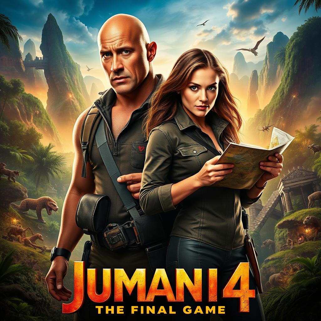 A thrilling movie poster for 'JUMANJI 4: The Final Game' (2026), featuring Dwayne Johnson and Karen Gillan prominently