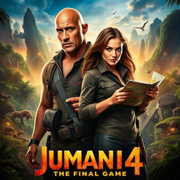 A thrilling movie poster for 'JUMANJI 4: The Final Game' (2026), featuring Dwayne Johnson and Karen Gillan prominently