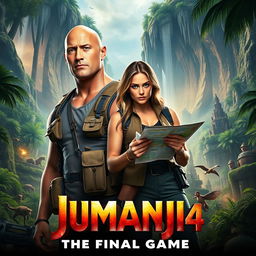 A thrilling movie poster for 'JUMANJI 4: The Final Game' (2026), featuring Dwayne Johnson and Karen Gillan prominently