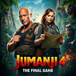 A thrilling movie poster for 'JUMANJI 4: The Final Game' (2026), featuring Dwayne Johnson and Karen Gillan prominently
