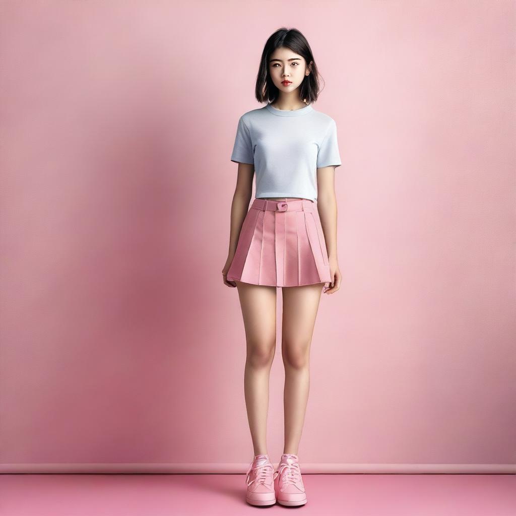 A high-quality digital art image of a 22-year-old woman dressed in a mini-skirt and pink shoes