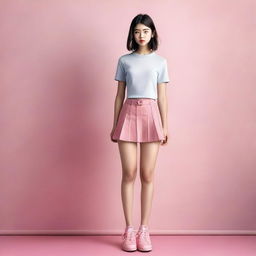 A high-quality digital art image of a 22-year-old woman dressed in a mini-skirt and pink shoes