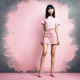 A high-quality digital art image of a 22-year-old woman dressed in a mini-skirt and pink shoes