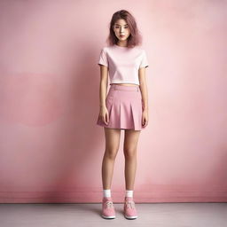 A high-quality digital art image of a 22-year-old woman dressed in a mini-skirt and pink shoes