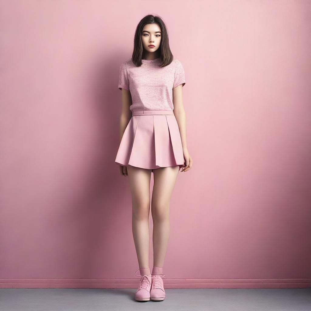 A high-quality digital art image of a 22-year-old woman dressed in a mini-skirt and pink shoes