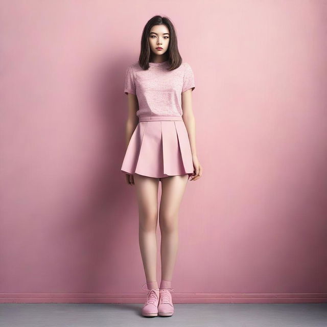 A high-quality digital art image of a 22-year-old woman dressed in a mini-skirt and pink shoes